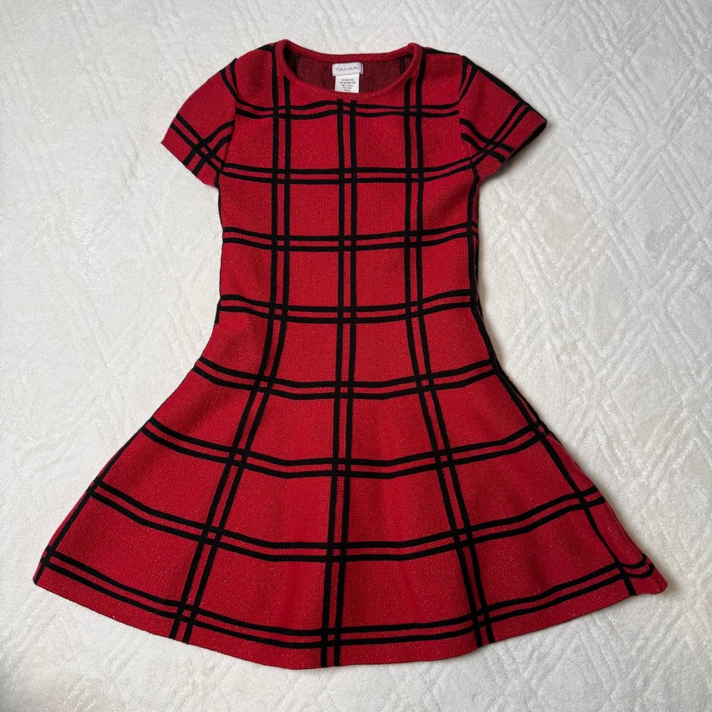 Preppy Holiday Tahari Girls 7/8 Red Black Plaid Metallic Knit Dress